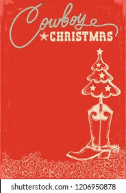 Western red christmas card with cowboy boot and christmas tree .Vector illustration