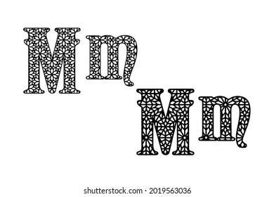 Western retro element with geometric ornament. Letter M on white background