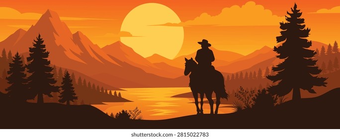 Western River Valley Sunset Flat Vector Landscape With Cowboy Silhouette And Mountain Forest