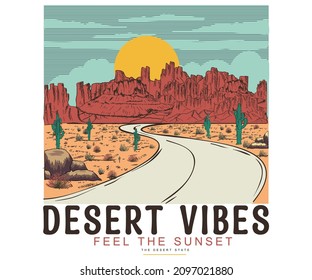 Western road trip theme vector desert illustration for apparel and others.