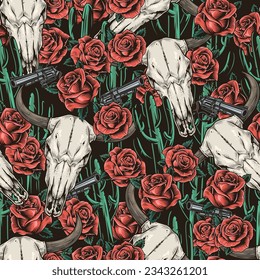 Western rodeo colorful pattern seamless with bull skulls and revolvers among roses for show advertising design with cowboys vector illustration