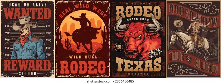 Western rodeo colorful set flyers for cowboy show with bulls or horses and announcement for wanted dangerous criminals vector illustration