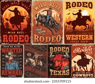 Afiches coloridos de rodeo occidental con toros salvajes y hombres valientes invitando a los amantes de las aventuras a visitar ilustraciones extremas del vector