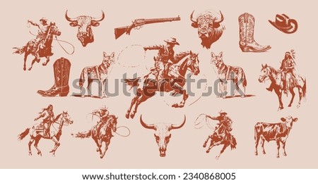 Western Rodeo Cowboy Vector Set, Vintage Earthy, Buffalo, Cattle, Coyote, Cowboy Boot, Skull, wild west desert aesthetic	