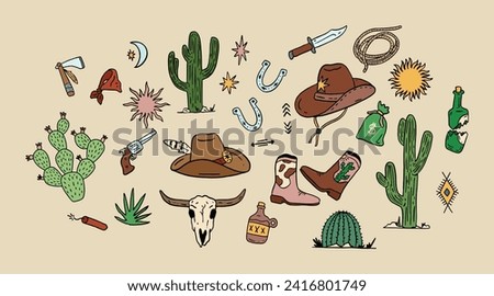 Western Rodeo Cowboy Vector Set, Cattle, Cactus, Cowboy Boot, Skull, wild west desert aesthetic Vector Collection Illustration