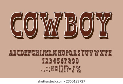 Fuente de rodeo occidental, Texas type, Wild West typeface, caracteres del alfabeto de vaquero americano. Tipografía vectorial antigua fuente sif letras y números en mayúsculas marrones, espectáculo de rodeo, abc rústico del salón occidental