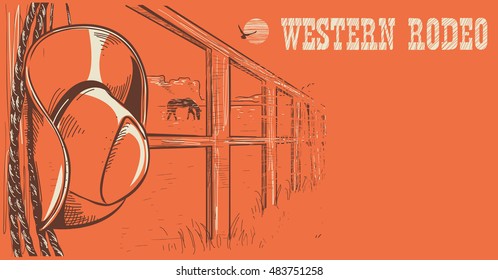 Western rodeo poster with American West cowboy hat and lasso on wood fence.