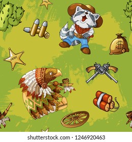 Western and rodeo seamless pattern with colored vector element icons of funny raccoon cowboy and eagle hawk cartoon characters. Boys textile print design on green background
