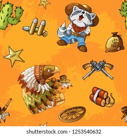 Western and rodeo seamless pattern with colored vector element icons of funny raccoon cowboy and eagle hawk cartoon characters. Boys textile print design on orange background