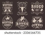 Western rodeo set flyers monochrome bull head silhouette or men sitting on horses for wild west fashion design vector illustration