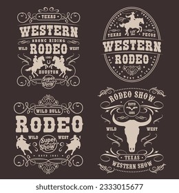 Western rodeo set flyers monochrome with silhouettes men on horses and bulls for wild west tour advertising design vector illustration