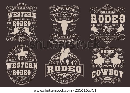 Western rodeo set flyers monochrome bull head silhouette or men sitting on horses for wild west fashion design vector illustration