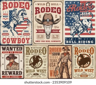 Western rodeo set posters colorful with cowboys and bulls or horses to advertise tourist trips to wild west vector illustration