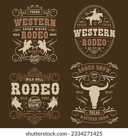 Coloridos stickers de rodeo occidental para invitar a participantes y espectadores a espectáculos de caballos y toros con valiente ilustración vectorial de vaqueros