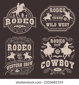 Western rodeo set stickers monochrome for shows with cowboys riding horses or bulls from wild west vector illustration