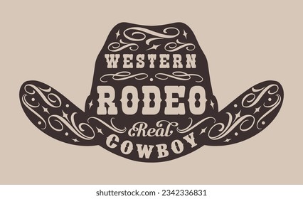 Western rodeo vintage poster monochrome with real cowboy hat decorated with beautiful pattern for fashion design vector illustration