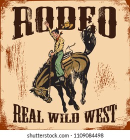 Western rodeo vintage sign, Cowboy riding wild horse.