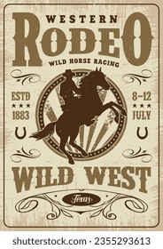 Western rodeo vintage sticker colorful for wild west show advertising with horse rider and event date vector illustration