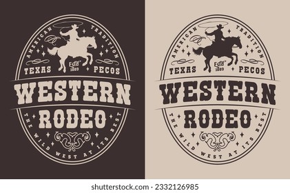 Western rodeo vintage sticker monochrome brave man on bronco using lasso and invitation to visit wild west region vector illustration