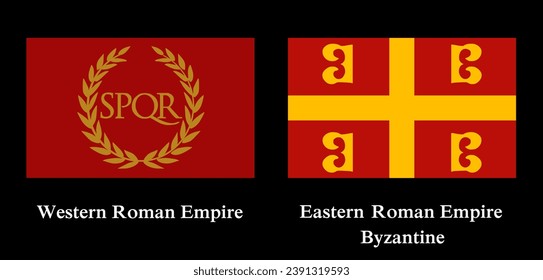 Western Roman Empire flag and Byzantine flag vector illustration isolated on black background. Eastern Roman Empire flag symbol. Ancient empire from Italy, Europe. SPQR with laurel.