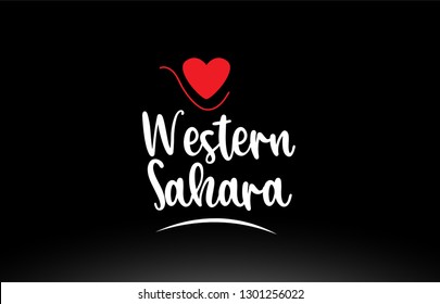 Western Sahara country text with red love heart on black background suitable for a logo icon or typography design