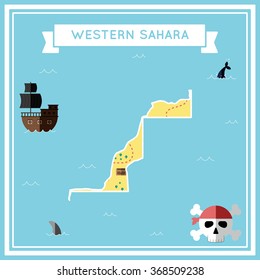 Western Sahara flat treasure map. Colorful cartoon treasure map of Western Sahara with flat icons of pirate ship, jolly roger, treasure chest and banner ribbon. Flat design vector illustration.