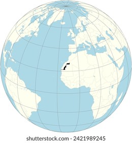 Western Sahara in focus on the orthographic projection of the world map, has desert landscapes and disputed status in North Africa.