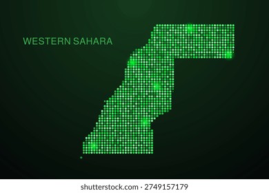 Western Sahara Map - Digital dotted map with glowing green points on dark background, modern technology style, abstract data network design, clean minimal geometric vector illustration.