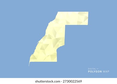Mapa del Sahara Occidental en estilo de Vector de polígono bajo, ilustración de forma geométrica con tonos amarillos suaves sobre fondo azul, silueta limpia para infografía.