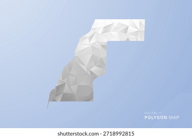 Western Sahara Map - polygon style vector illustration in gray, white and blue tone, low-poly geometric design, minimal silhouette, suitable for infographic and modern design.
