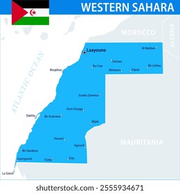 Western Sahara Map Vector Blue Spot - Customizable layered political map of Western Sahara with administrative divisions for website, education, reports, news, politics, print, poster