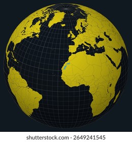 Western Sahara on Globe. Country view on the world map in Charcoal Bright Yellow color palette. Western Sahara shape on map. Globe with meridians, parallels, countries, rivers and lakes.