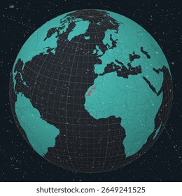 Western Sahara on Globe. Vintage look with grunge scratched texture. Country view on world map in Dark Charcoal Turquoise color palette. Western Sahara shape on map.