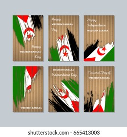 Western Sahara Patriotic Cards for National Day. Expressive Brush Stroke in Flag Colors on kraft paper background. Vector Greeting Card.