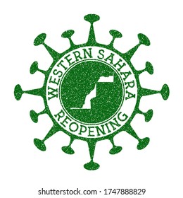 Western Sahara Reopening Stamp. Green round badge of country with map of Western Sahara. Country opening after lockdown. Vector illustration.