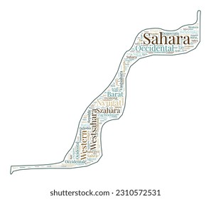 Western Sahara shape filled with country name in many languages. Western Sahara map in word cloud style. Radiant vector illustration.
