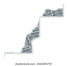 Western Sahara shape text cloud. Country border with shadow on white background. Western Sahara with regions division in vintage gazette style. Awesome vector illustration.