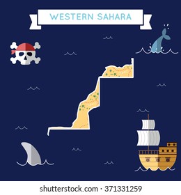 Western Sahara treasure map in flat design. Colorful cartoon treasure map of Western Sahara with flat design icons of pirate ship and jolly roger. Western Sahara flat design vector illustration.