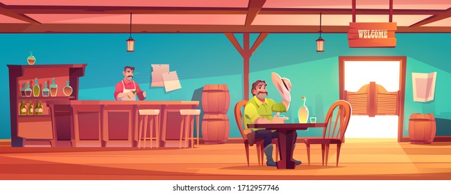 Western Saloon With Cowboy And Barman Behind Counter. Vector Cartoon Interior Of Wild West Tavern With Man At Table With Hat And Drink, Wooden Doors, Barrels And Alcohol Bottles On Shelves