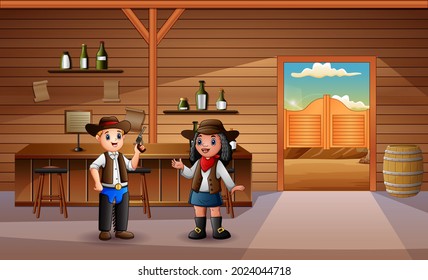 Western saloon with cowboy and cowgirl illustration