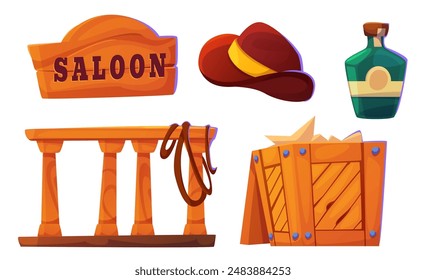 Western saloon design elements set isolated on white background. Vector cartoon illustration of wooden signboard, sheriff hat, lasso on wood balustrade, box and bottle of rum, wild west objects