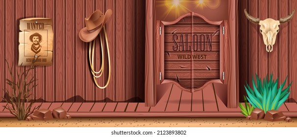 Western saloon door vector background, old retro bar wooden entrance, vintage wild west pub banner. Texas country tavern wall, wanted poster, cow skull, cowboy hat, rope. Western saloon exterior
