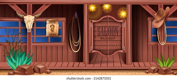 Western saloon door vector background, vintage wild west pub banner, old retro bar wooden entrance. Texas country tavern wall, cow skull, cowboy hat, rope, wanted poster. Western saloon exterior - Shutterstock ID 2142873331