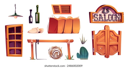 Elementos de salón occidental establecidos aislados sobre fondo blanco. Ilustración de dibujos animados de Vector de letrero de madera con herradura, sombrero de sheriff, botellas de ron de vidrio, caja y pila de heno, cactus, objetos del oeste salvaje