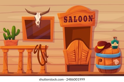 Western saloon facade with buffalo skull. Vector cartoon illustration of tavern signboard on wooden wall, cowboy hat and rum bottle on beer barrel, lasso on balustrade, cactus near window, wild west