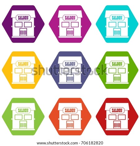 Western saloon icon set many color hexahedron isolated on white vector illustration