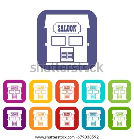 Western saloon icons set vector illustration in flat style In colors red, blue, green and other