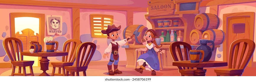 Interior de salón occidental con niños en trajes. Ilustración de dibujos animados de Vector de la taberna vieja con mesas y sillas de madera, botellas de alcohol en el estante, tazas de cerveza, cartel de búsqueda en la pared, luz del día en la ventana