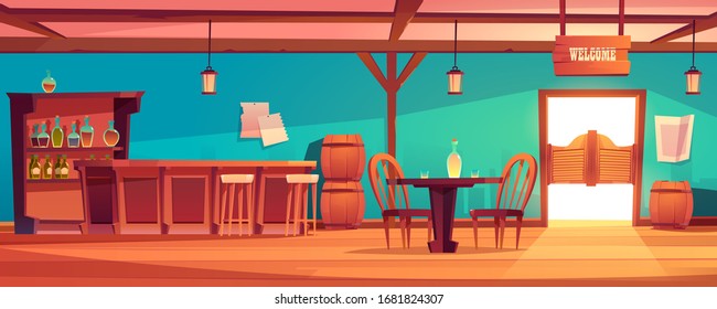 Western saloon interior with table, bar counter, alcohol bottles on shelves. Vector cartoon illustration of wild west tavern for cowboys with wooden doors, barrels and drink on desk