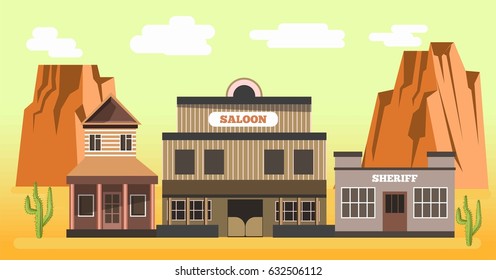 Western saloon and sheriff in desert colorful vector illustration